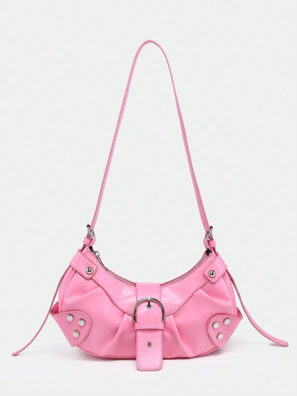 Pink Studded Baguette Bag Y2K Punk Vegan Leather Zip Shoulder Purse - Picture 2 of 6